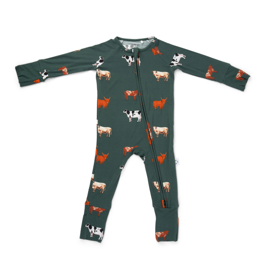 Bamboo 2-Way Convertible Zip Romper - Green Cow