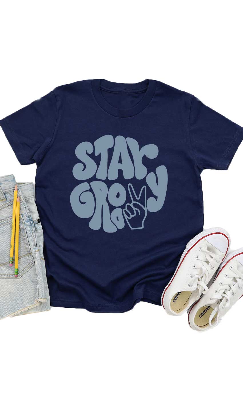 Retro Stay Groovy Peace Sign Kids Graphic Tee: Military Green / YL