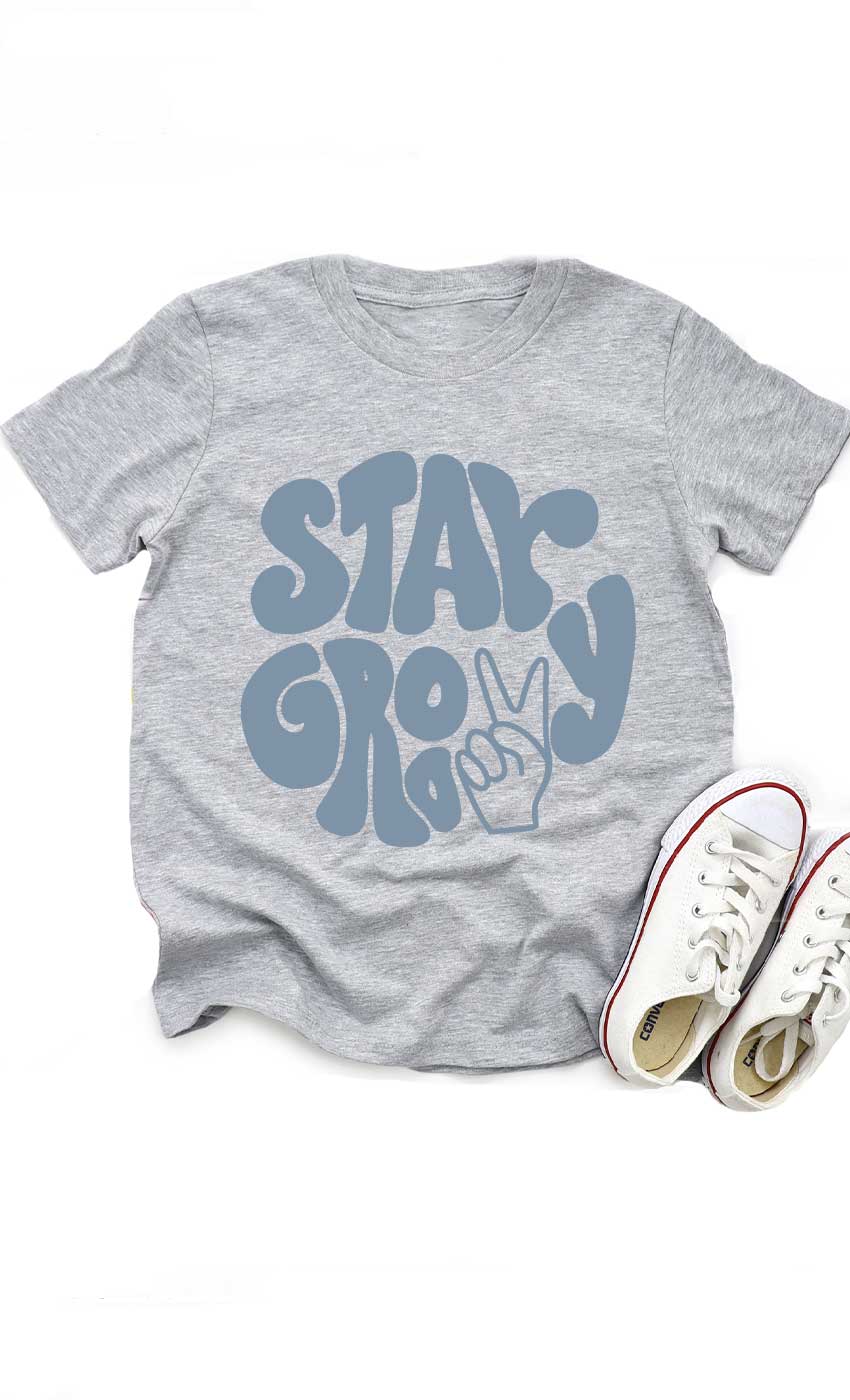 Retro Stay Groovy Peace Sign Kids Graphic Tee: Military Green / YL