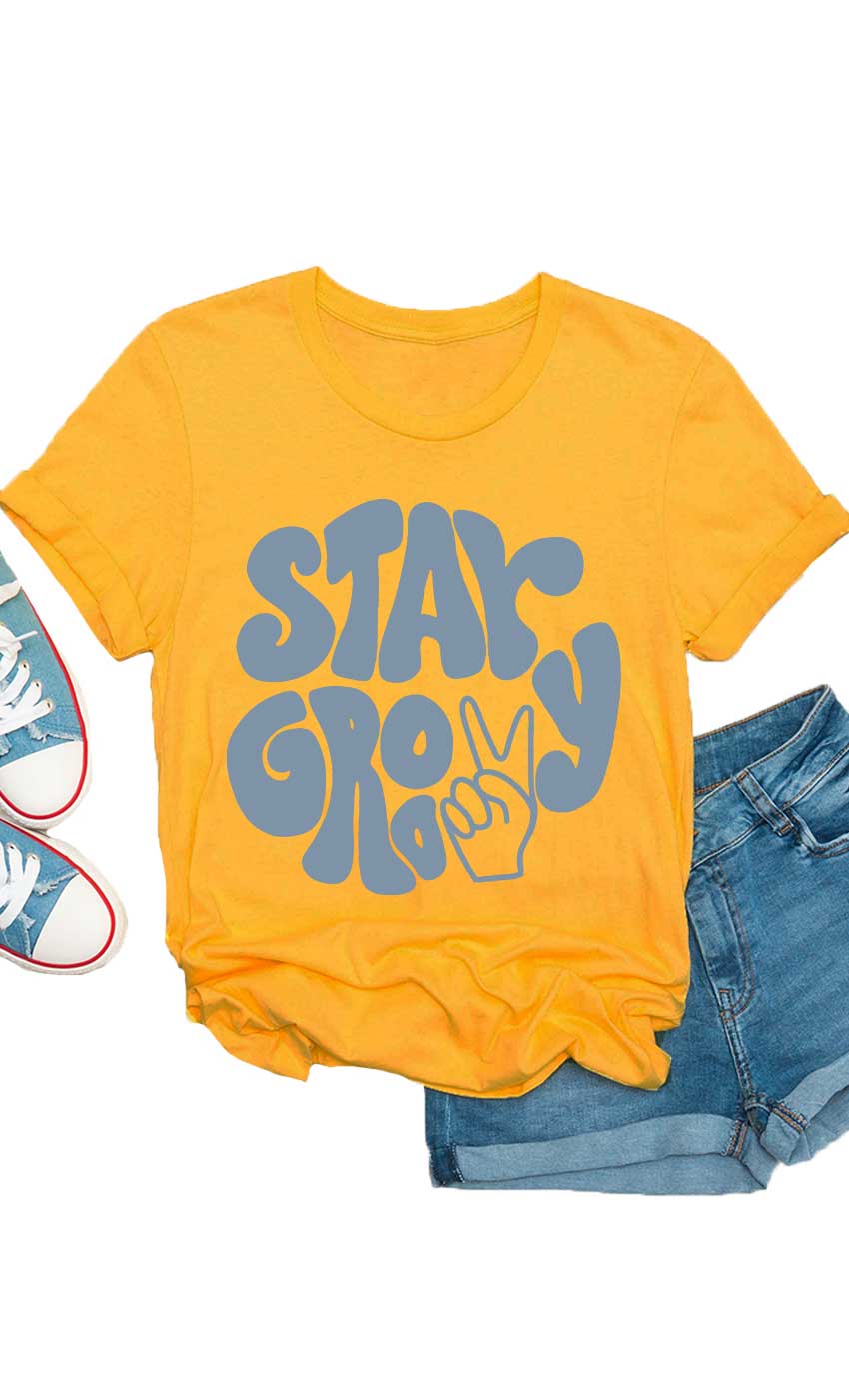 Retro Stay Groovy Peace Sign Kids Graphic Tee: Military Green / YL