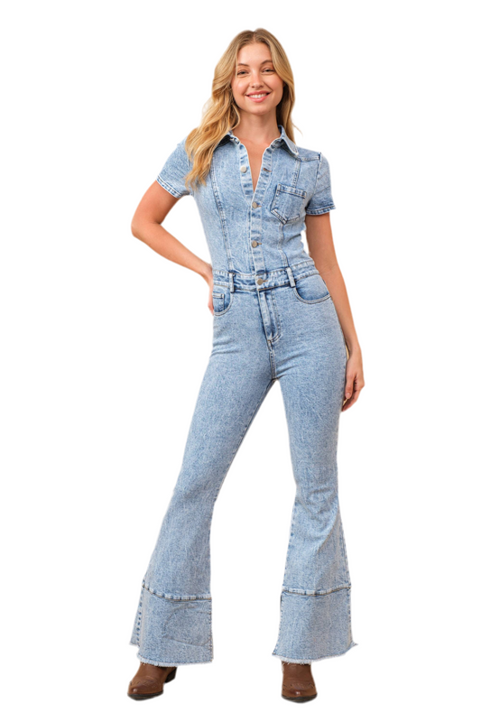 Washed Flare Denim Jumpsuit