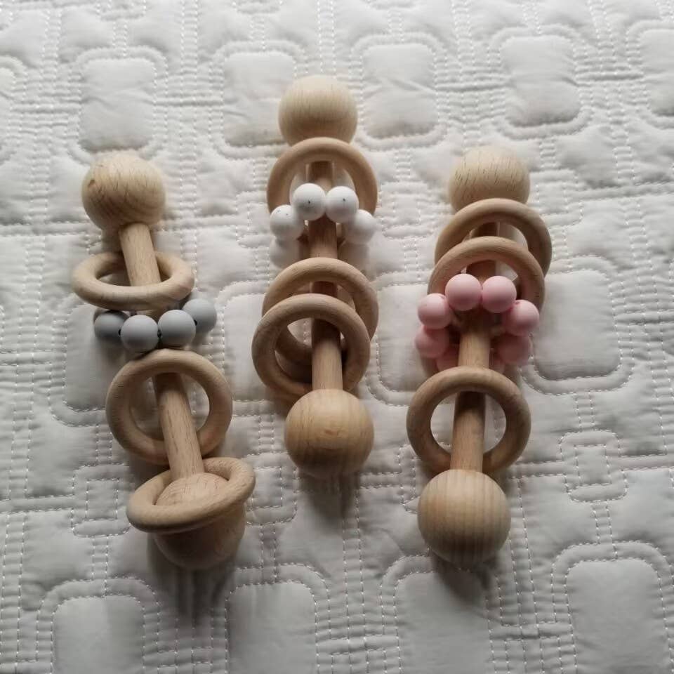 Silicone Wood Teething Rattle