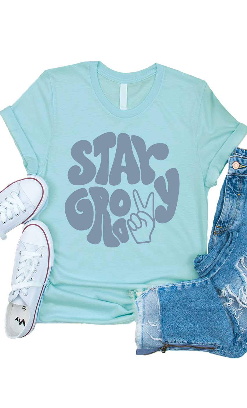 Retro Stay Groovy Peace Sign Kids Graphic Tee: Military Green / YL