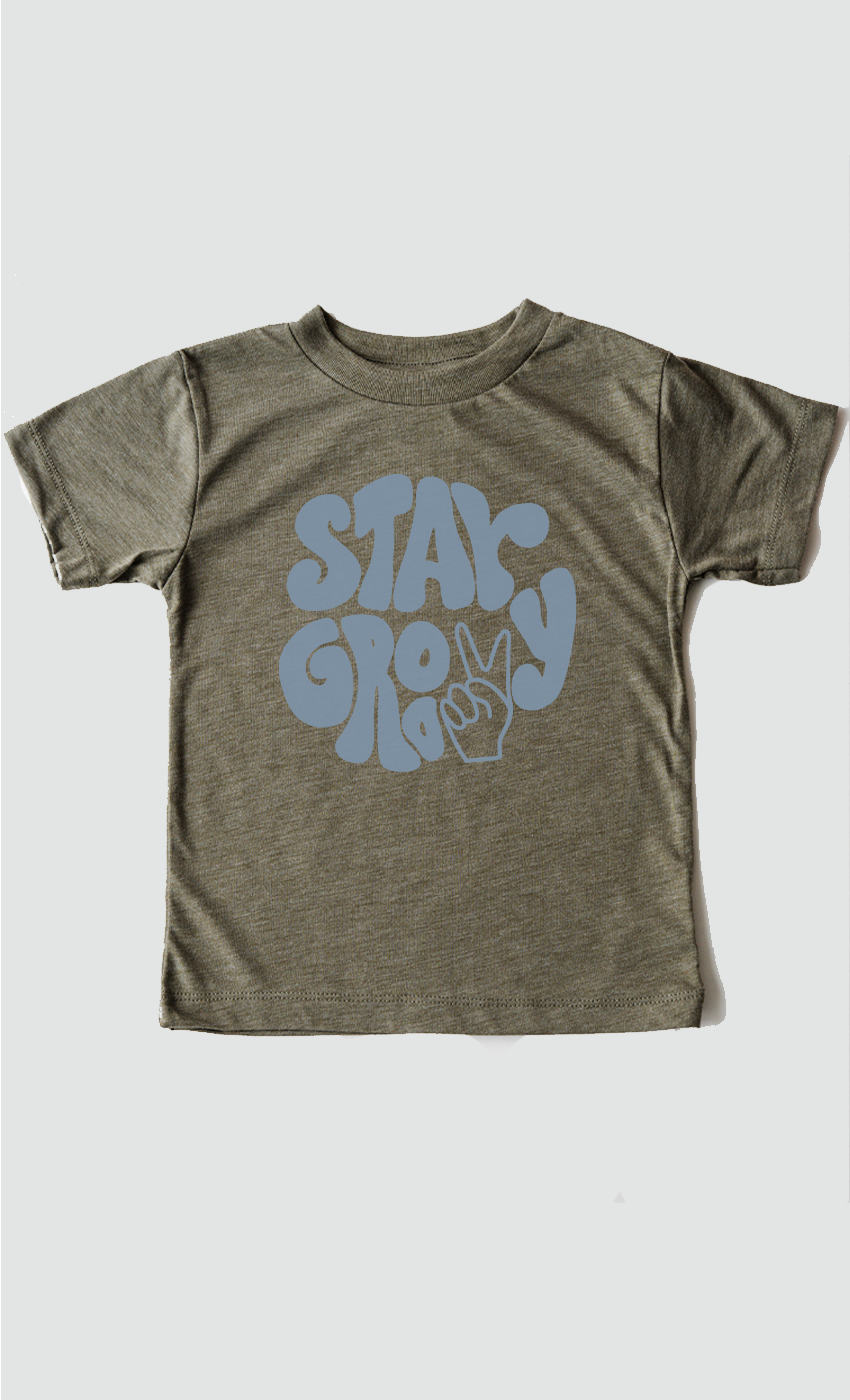 Retro Stay Groovy Peace Sign Kids Graphic Tee: Military Green / YL