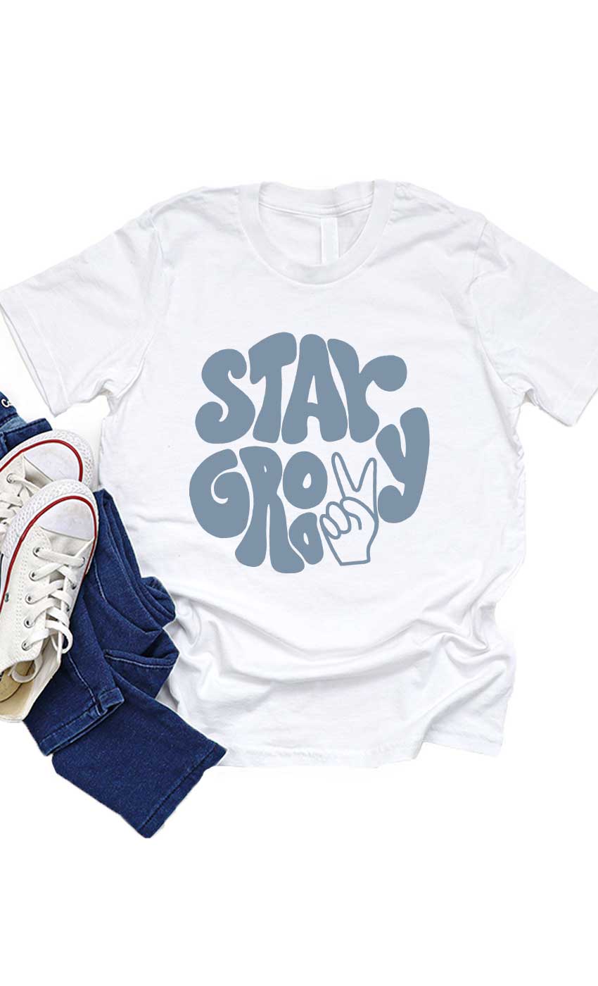 Retro Stay Groovy Peace Sign Kids Graphic Tee: Military Green / YL